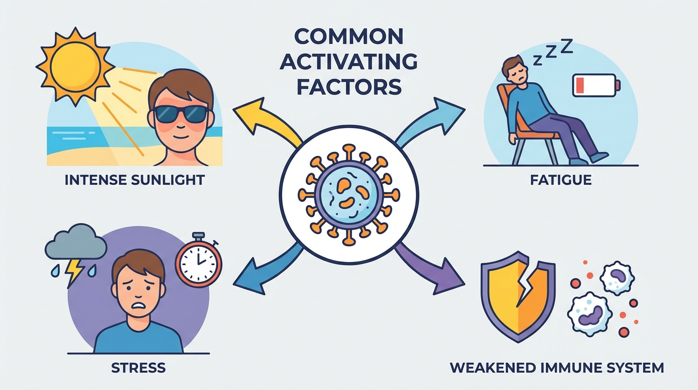  Composition visuelle montrant les facteurs déclenchants de l'herpès : soleil intense, fatigue, stress et baisse immunitaire, style infographie claire,