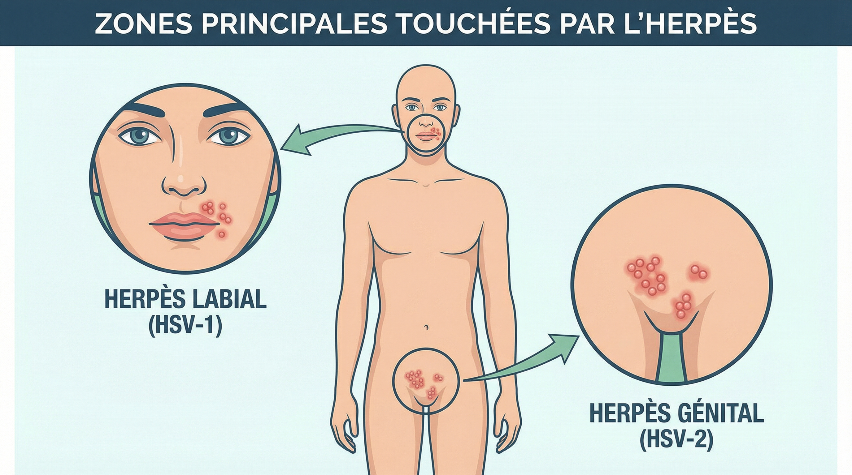 [PROMPT: Illustration médicale schématique montrant les deux zones principales touchées par l'herpès : le visage et la zone génitale, style propre et informatif, 16:9]