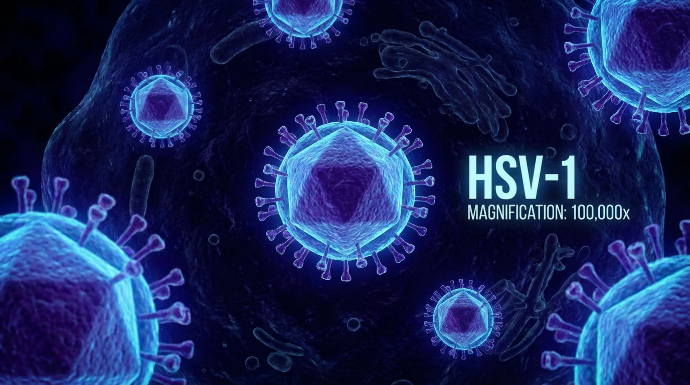 Vue microscopique stylisée et médicale du virus de l'herpès, tons bleus et violets, éclairage scientifique, haute résolution,