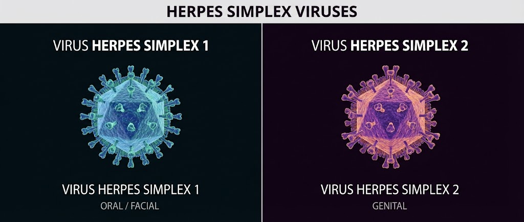 Vue microscopique stylisée et médicale du virus de l'herpès, tons bleus et violets, éclairage scientifique, haute résolution,