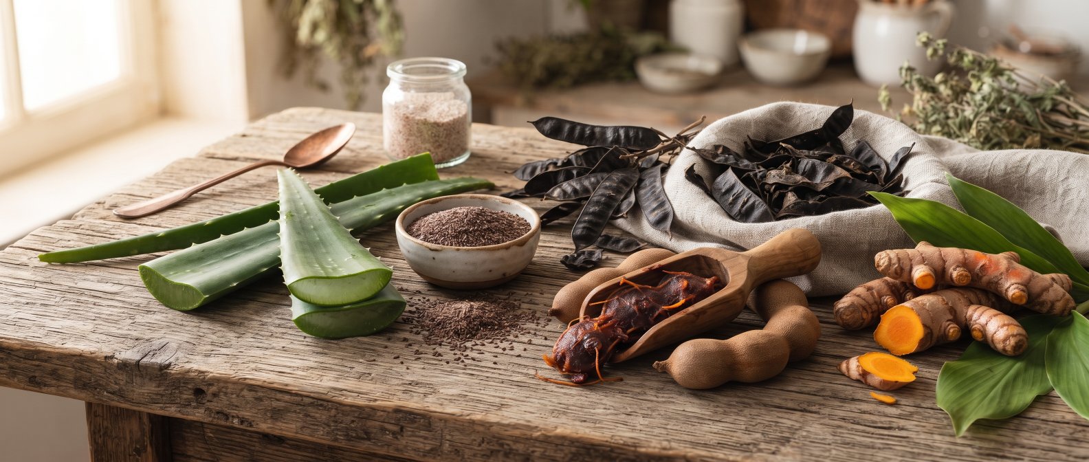 Plantes médicinales du transit : aloe vera, psyllium, séné, tamarin et curcuma sur bois naturel