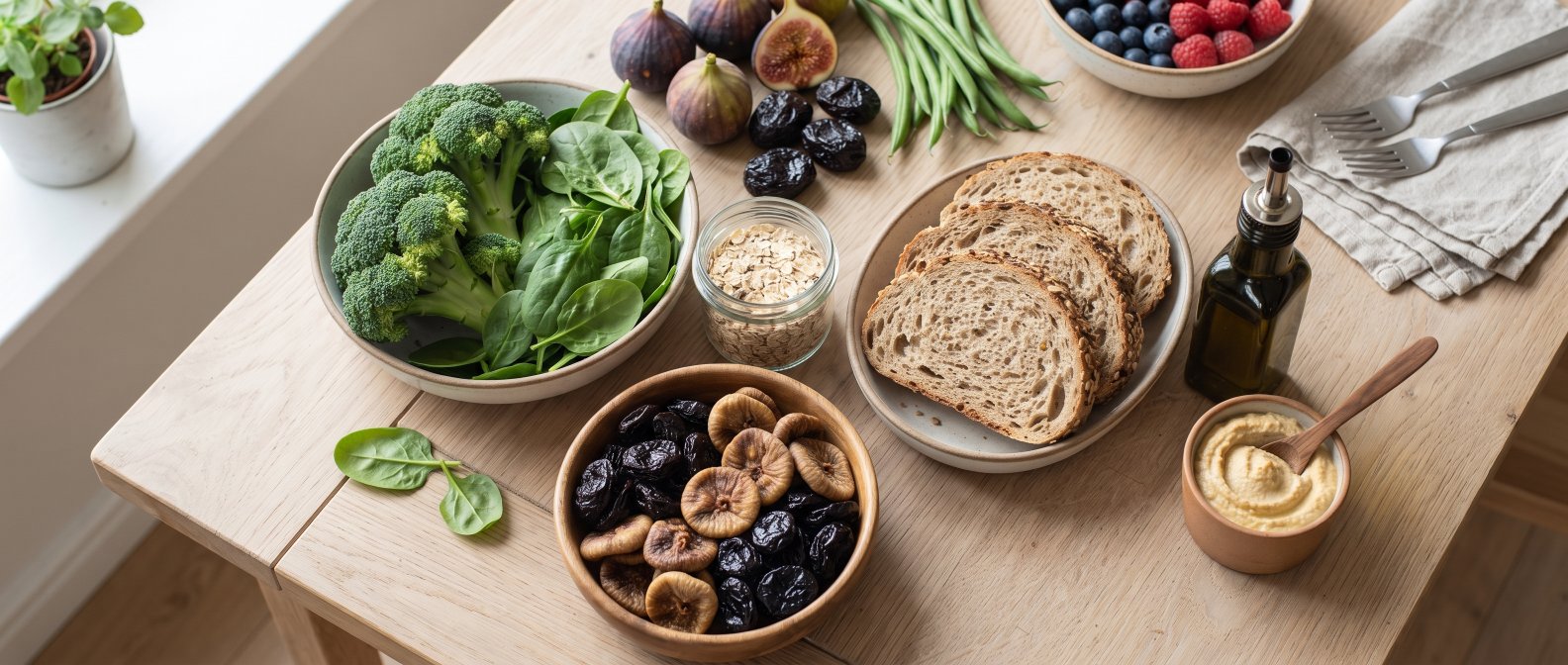Aliments riches en fibres pour une bonne digestion : brocoli, épinards, pruneaux, figues, prunes, céréales complètes et huile d'olive