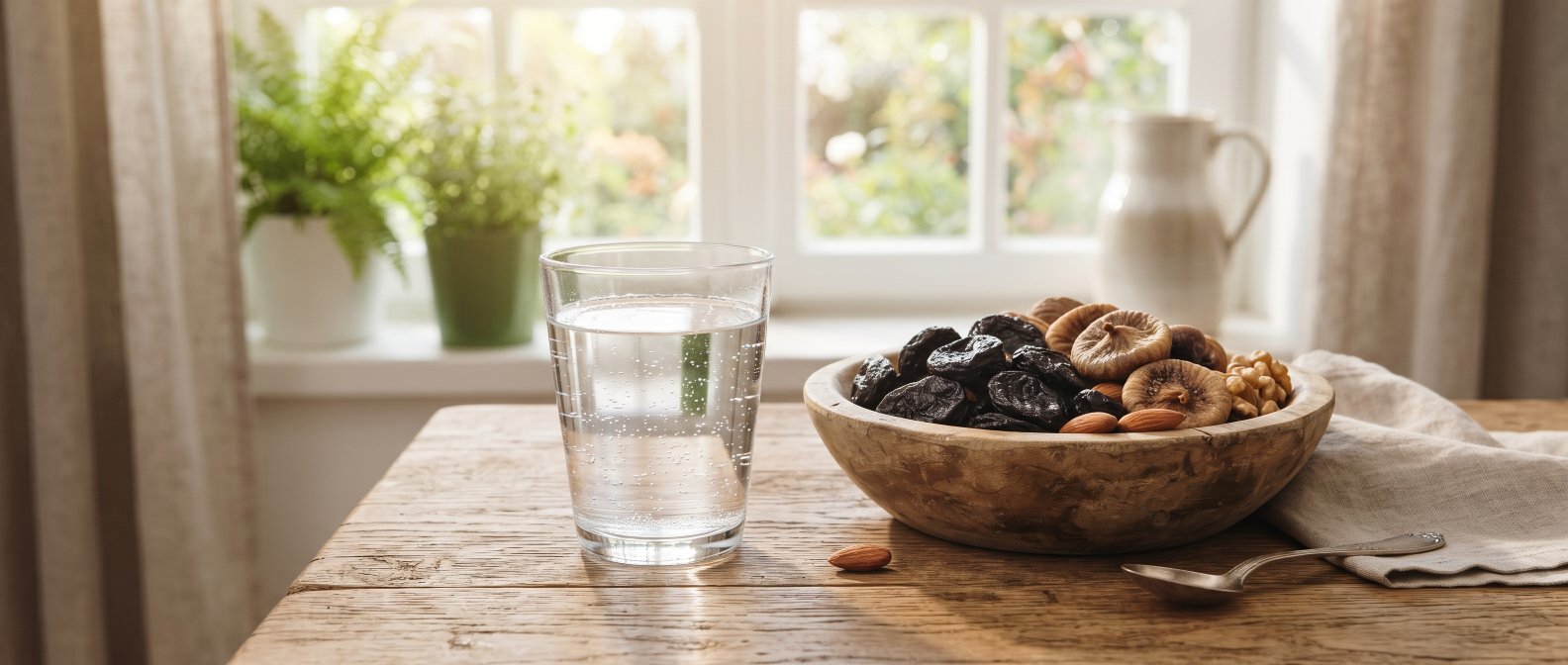 Verre d'eau et bol de pruneaux et figues : hydratation et fibres, le rituel matinal du bon transit