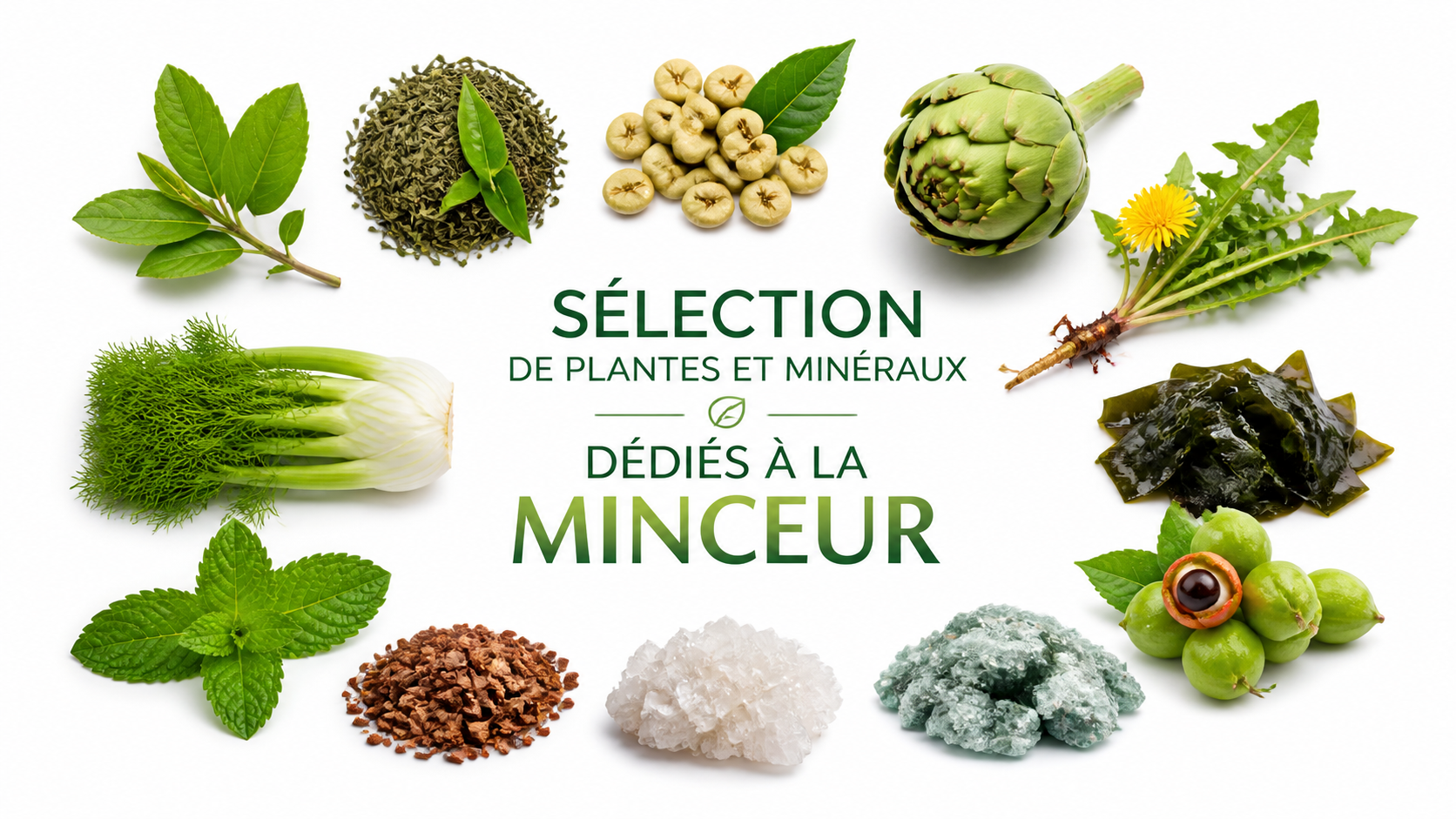 Sélection de plantes et minéraux dédiés à la minceur sur un fond pur