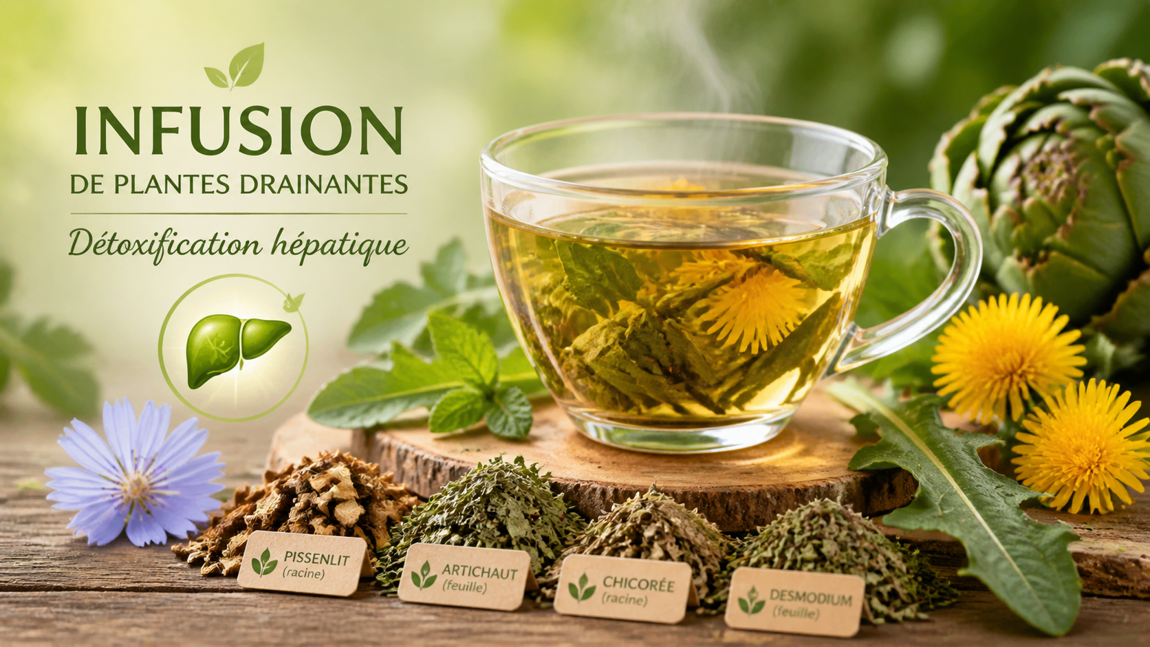 Infusion de plantes drainantes évoquant la détoxification hépatique