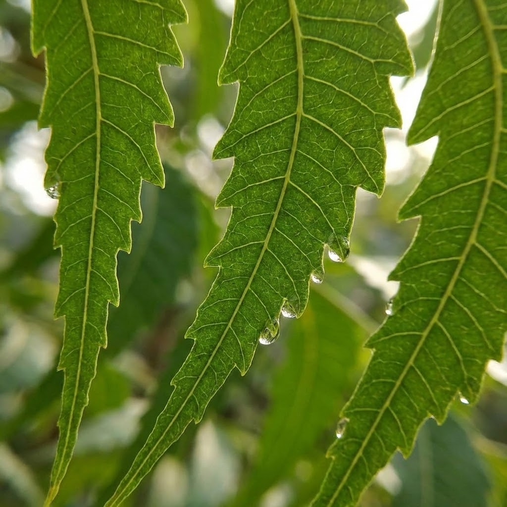 Détail des feuilles dentelées du Neem, l'Azadirachta indica.