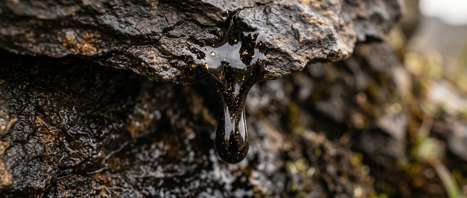 Résine de Shilajit brun-noir suintant d'un rocher de l'Himalaya, formation naturelle de l'or noir des montagnes