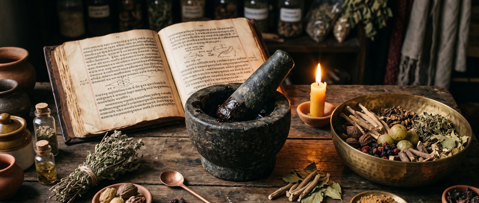 Nature morte ayurvédique : ancien manuscrit, mortier de pierre avec résine de Shilajit, herbes de l'Himalaya à la bougie