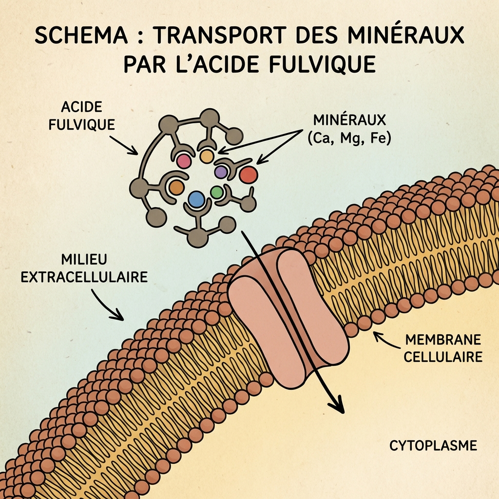 Schéma montrant l'acide fulvique transportant des minéraux à travers la membrane cellulaire.