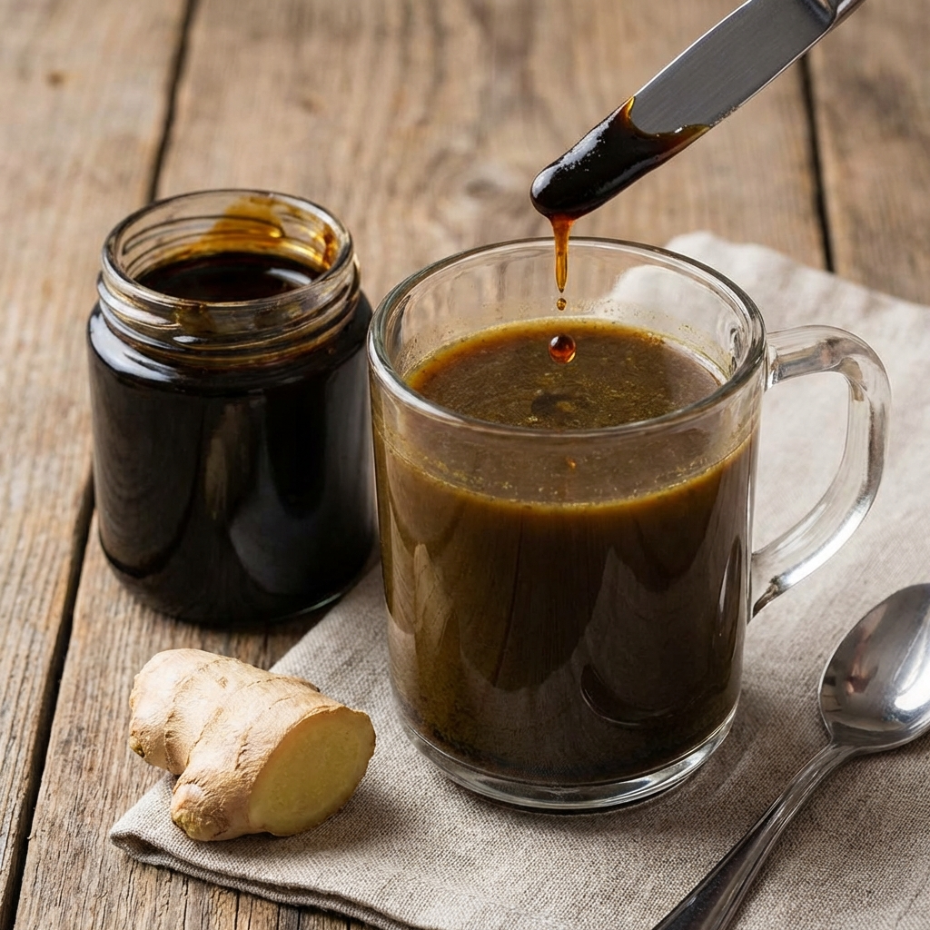 Préparation d'une boisson au Shilajit avec une pointe de couteau.