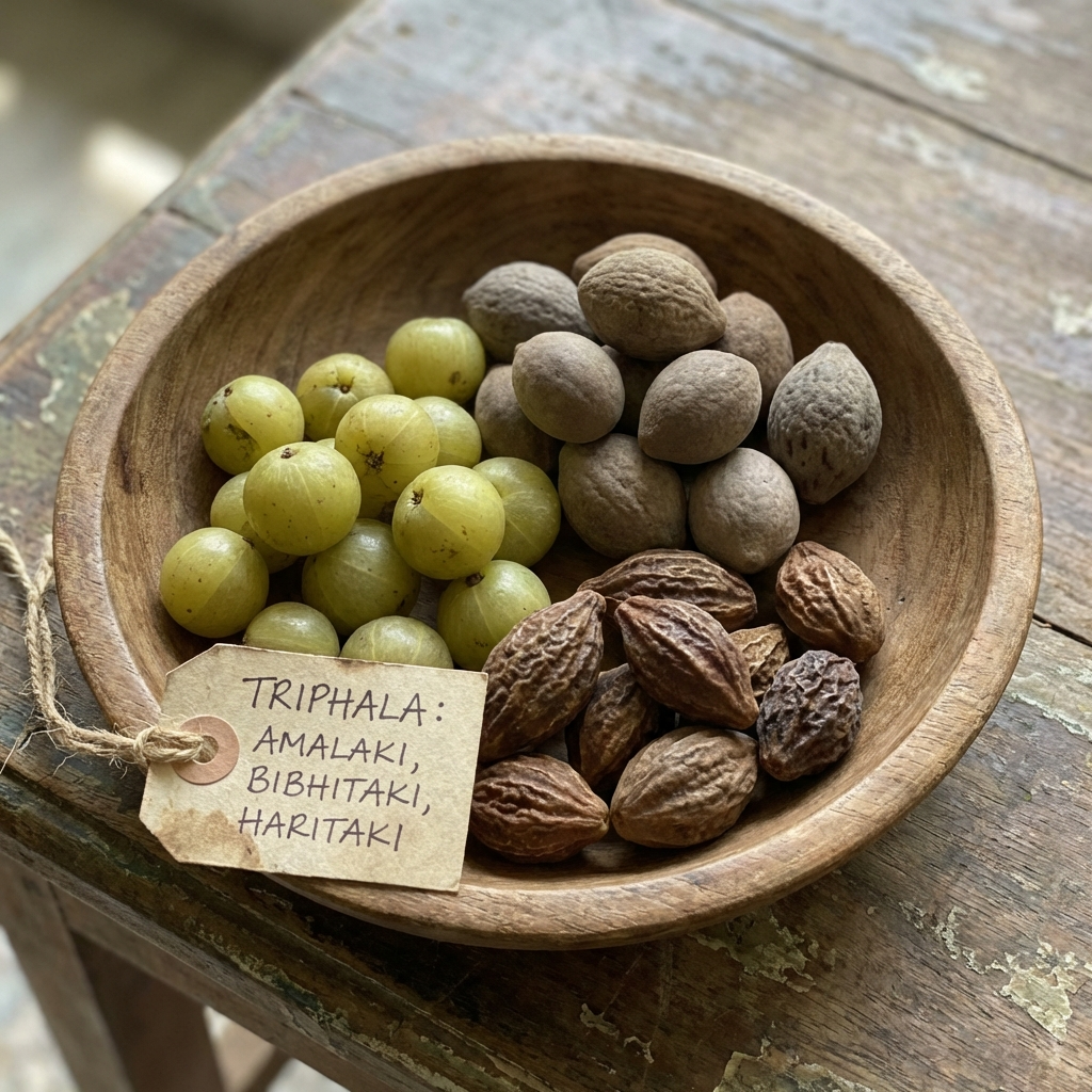 Les trois fruits constituant le Triphala : Amalaki, Bibhitaki et Haritaki.