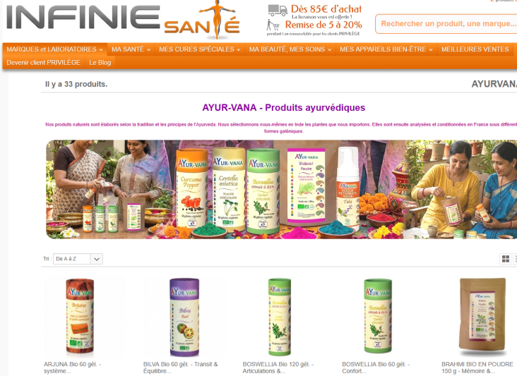 Gamme de produits Ayur-vana sur Infinie Santé.