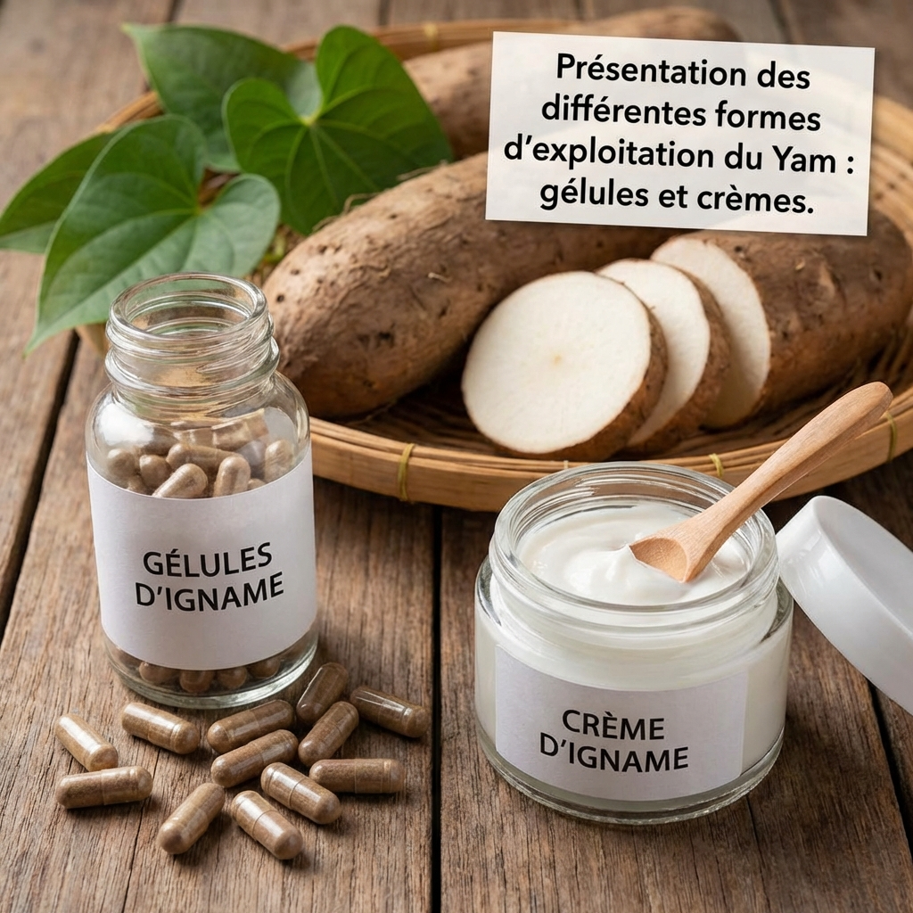 Présentation des différentes formes d'exploitation du Yam : gélules et crèmes.