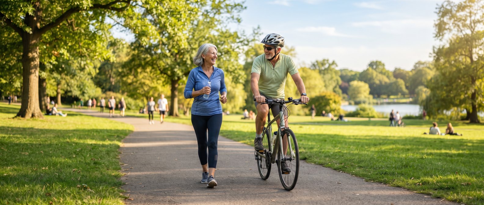 Couple actif senior marchant et faisant du velo en plein air