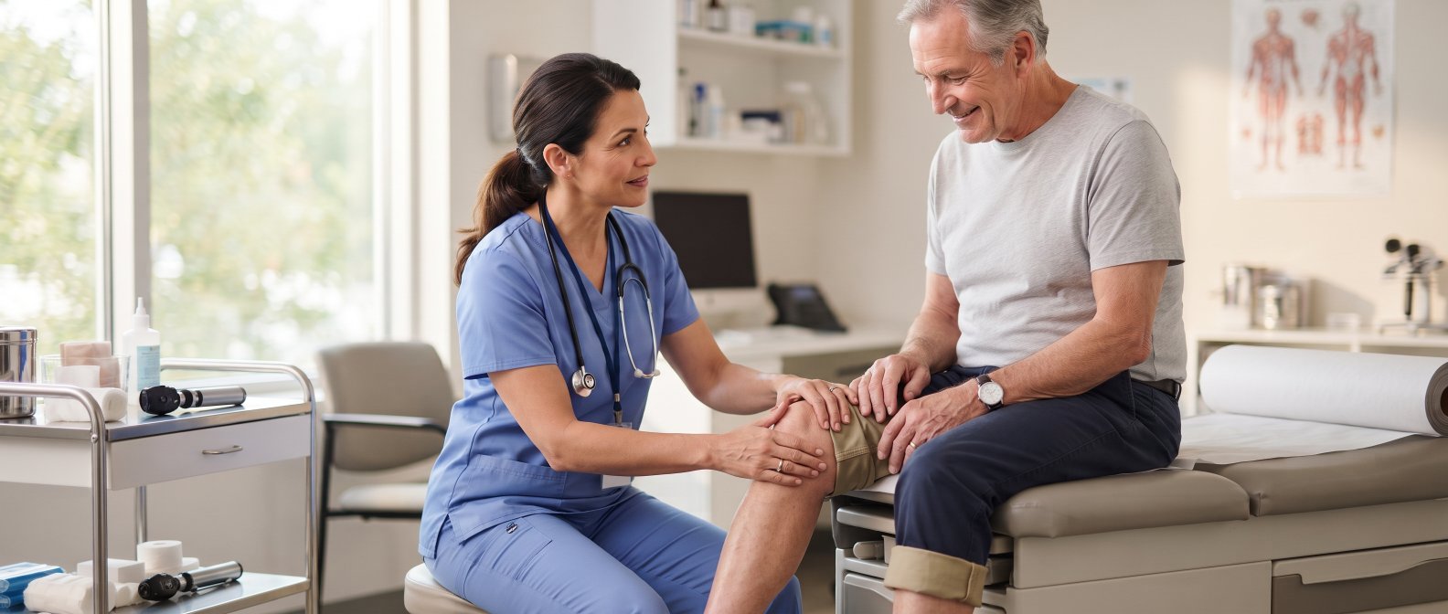 Personne consultant un professionnel de sante pour une douleur articulaire