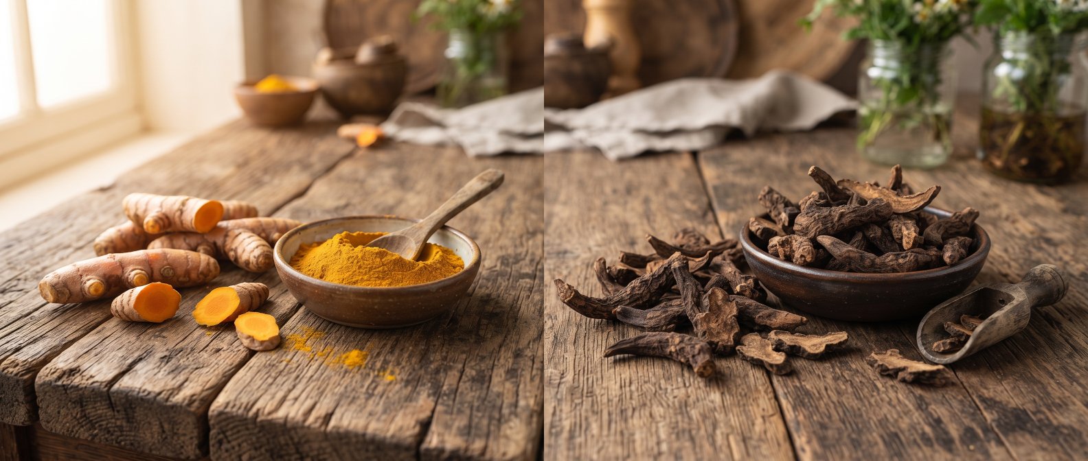 Curcuma en poudre et racine d harpagophytum cote a cote