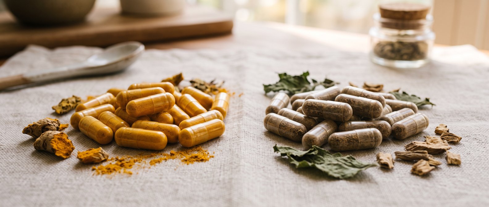 Gelules de curcuma et d harpagophytum sur une table