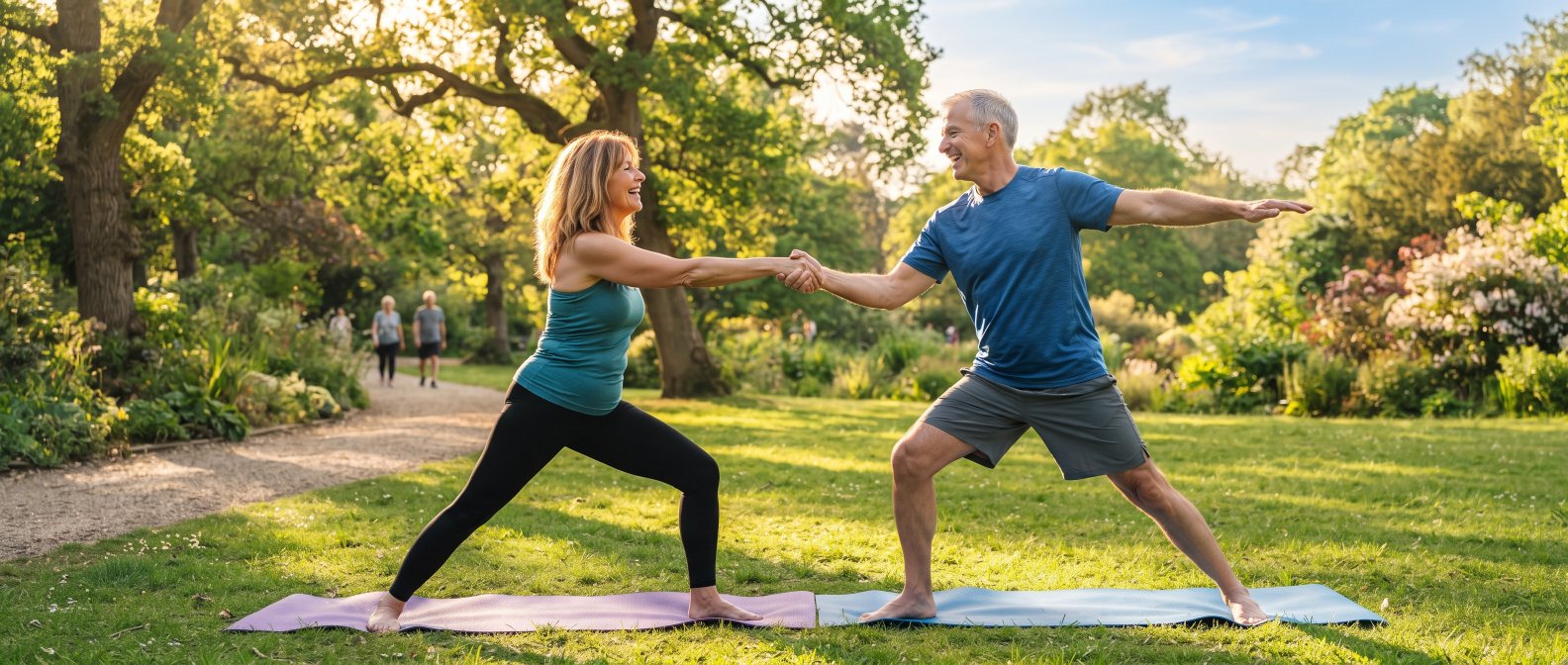 Couple de quinquagenaires actifs faisant des etirements en plein air