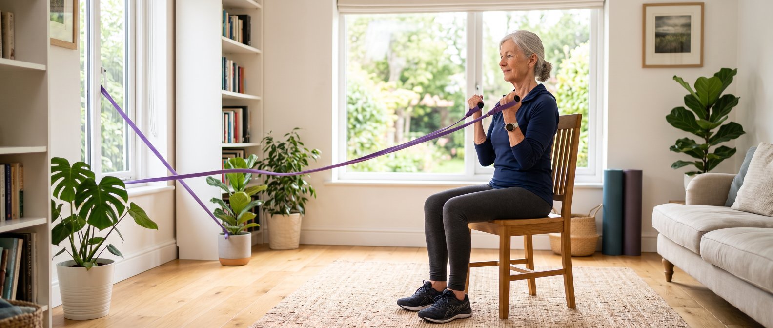 Senior faisant du renforcement musculaire doux avec des elastiques