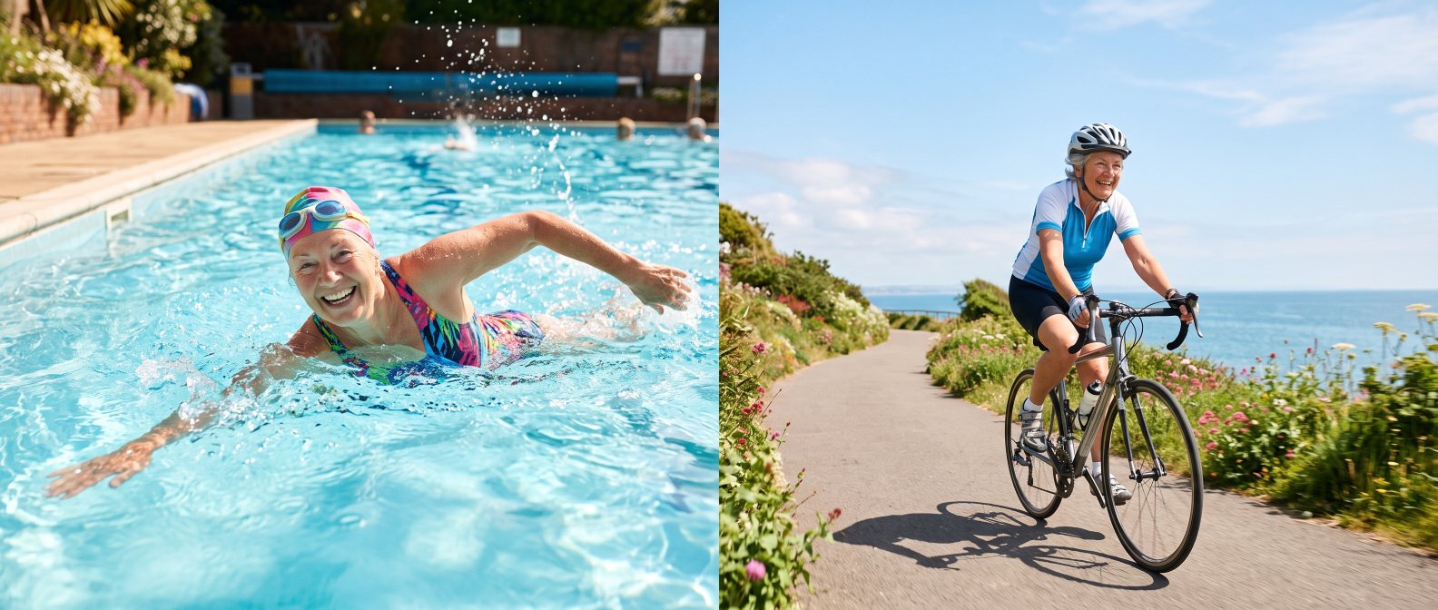 Senior actif nageant et faisant du velo activites douces pour les articulations