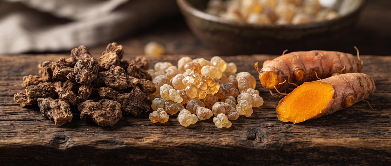 Racine d harpagophytum et resine de boswellia en gros plan