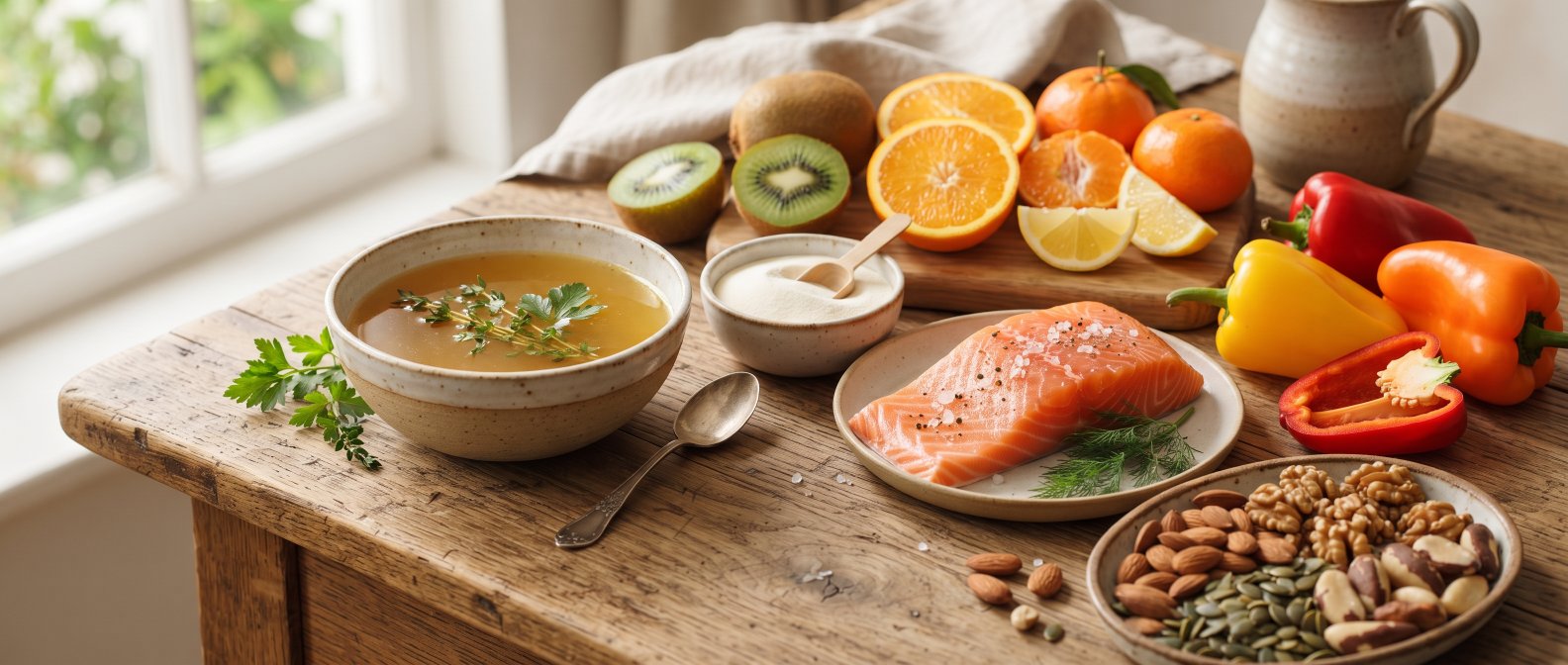 Aliments favorables au cartilage bouillon d os agrumes legumes colores poisson