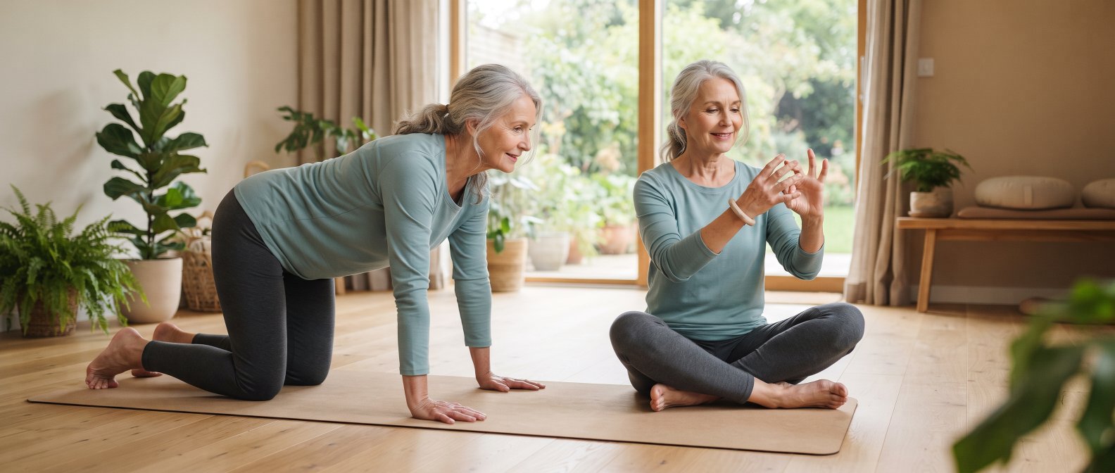Personne active faisant des exercices de mobilite des mains et genoux
