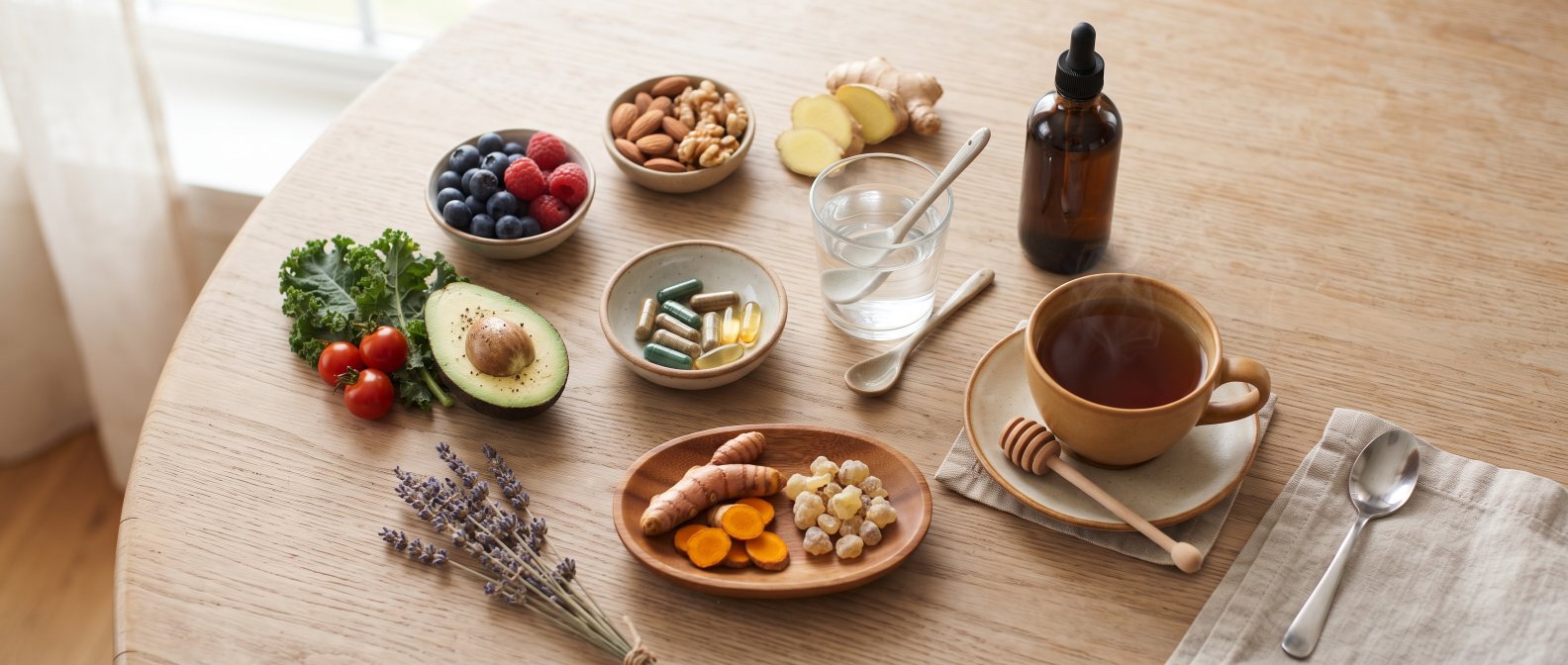 Routine naturelle quotidienne complements plantes huile de massage aliments