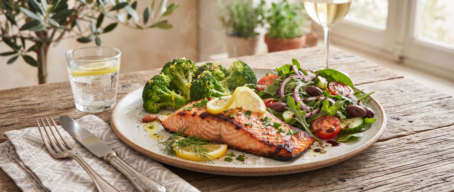 Assiette equilibree mediterraneenne poisson legumes verts huile d olive