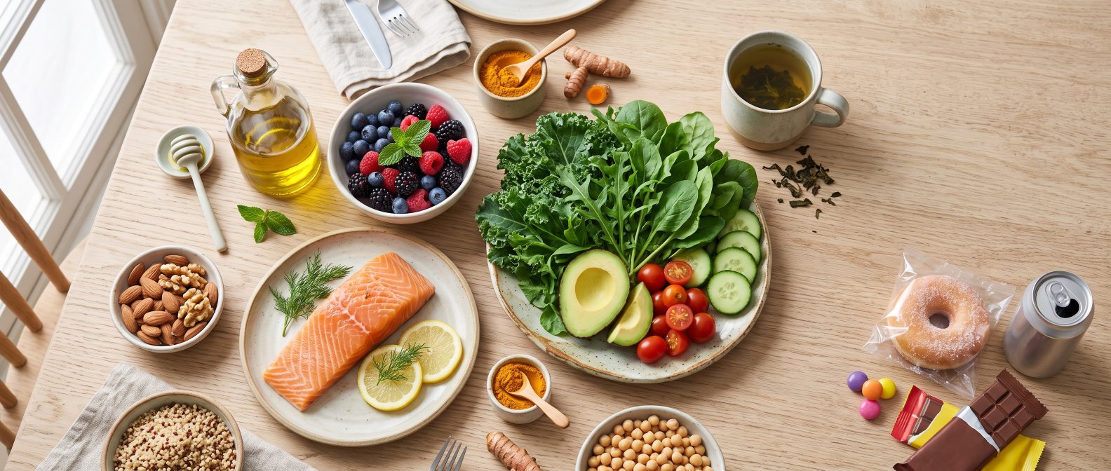 Aliments anti-inflammatoires colores face a des produits transformes