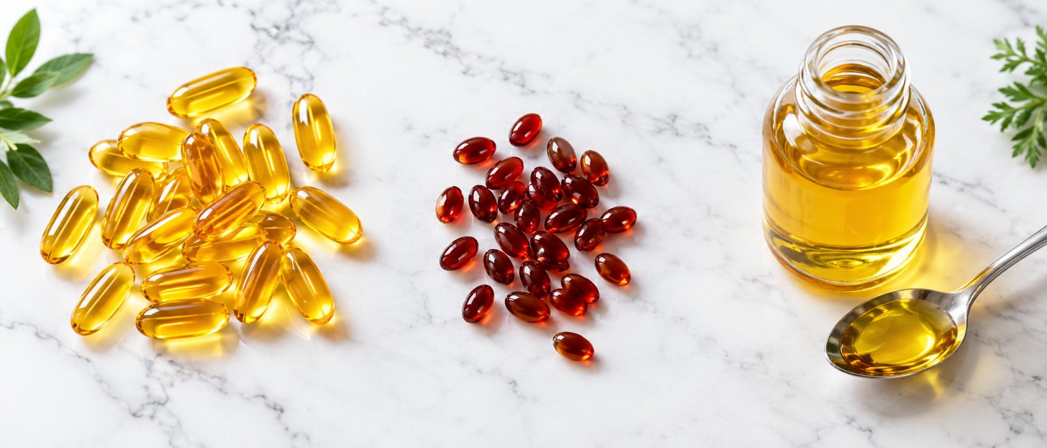 Capsules d'huile de poisson, capsules de krill et huile liquide