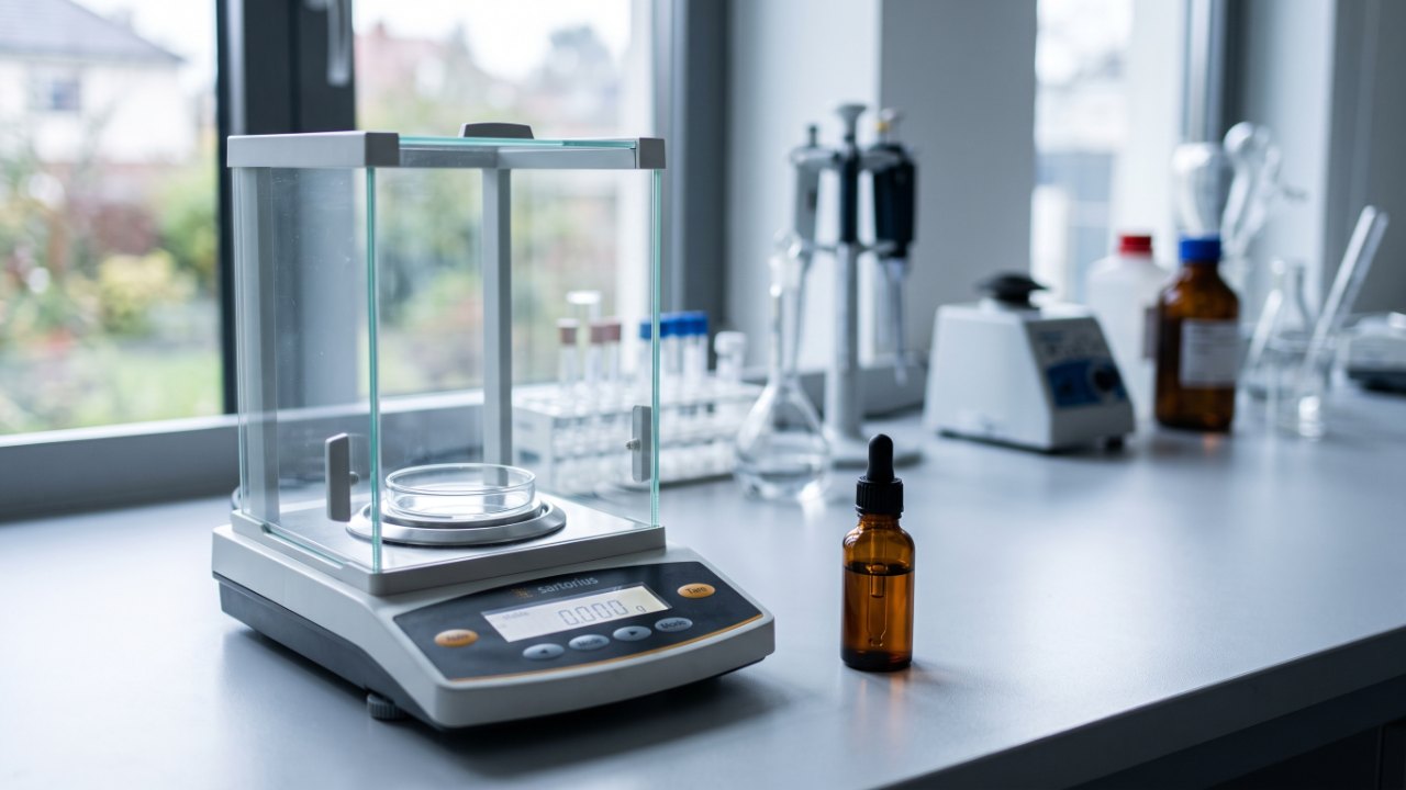 Precision laboratory scale with small glass dish beside amber dropper bottle, clean white bench, cool morning light, scientific instruments in soft focus background, no text, no labels, no watermark