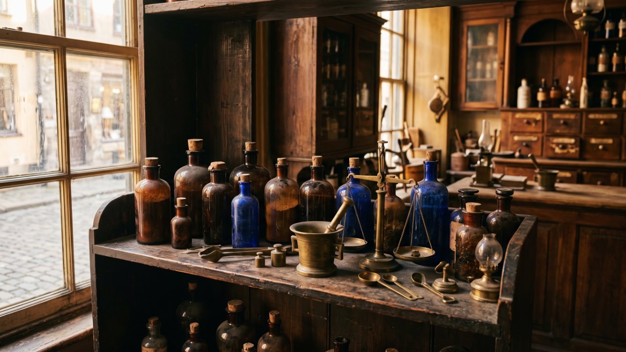 Antique 19th century apothecary shelf with dark glass bottles and brass instruments, dusty golden light through old window, historical pharmacy atmosphere, warm tones, no text, no labels, no watermark