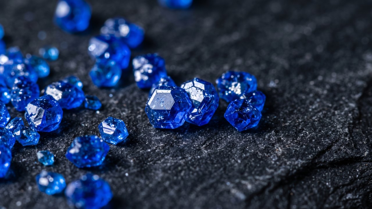 Macro photograph of deep blue crystalline powder scattered on dark laboratory slate, extreme close-up, cold clinical lighting, visible crystal facets catching light, ultra sharp detail, no text, no labels, no watermark