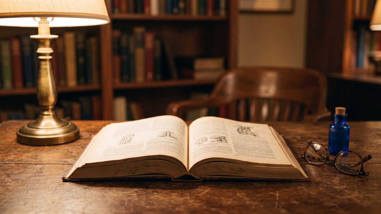 Open medical reference book on wooden desk beside reading glasses and small blue glass bottle, warm lamp light, quiet study atmosphere, shallow depth of field, no text, no labels, no watermark