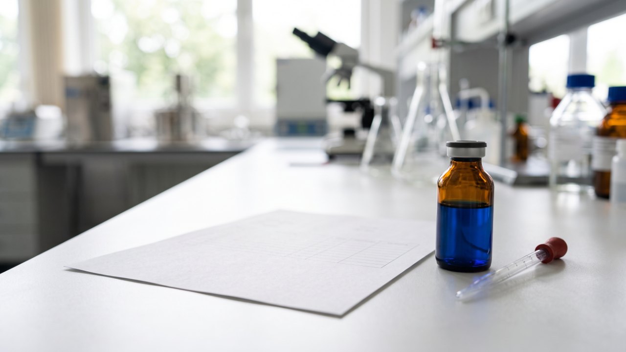 Laboratory analysis certificate document lying on white bench beside amber glass vial of deep blue liquid, soft daylight from window, shallow depth of field, professional pharmaceutical setting, no text, no labels, no watermark