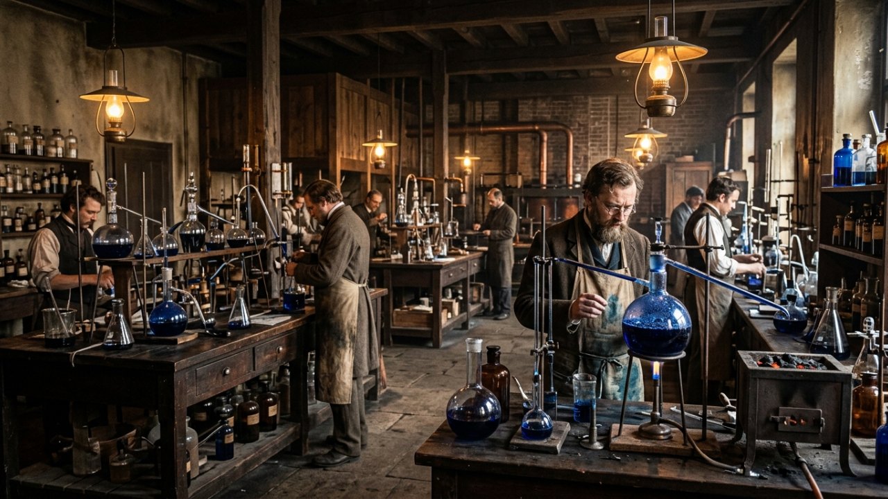 Laboratoire de chimie du XIXe siècle et flacon de colorant bleu profond