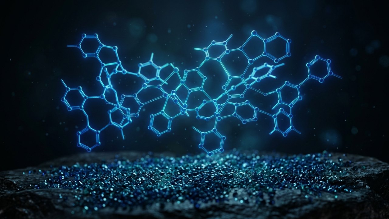 Représentation abstraite d'une molécule et de cristaux bleu profond
