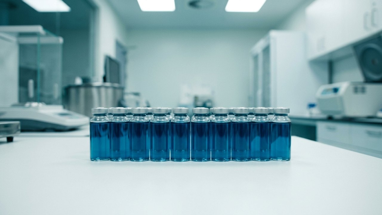 Flacons de qualité pharmaceutique alignés, pureté et contrôle qualité