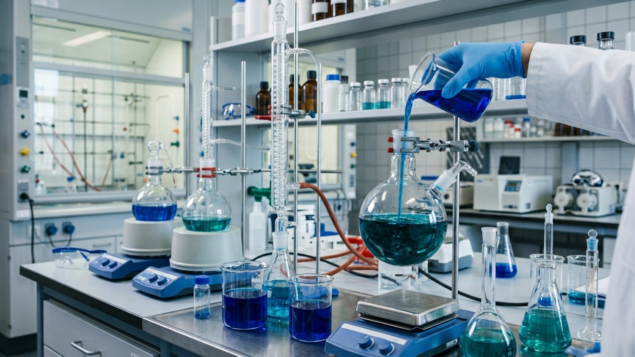 Verrerie de laboratoire contenant une solution bleu intense