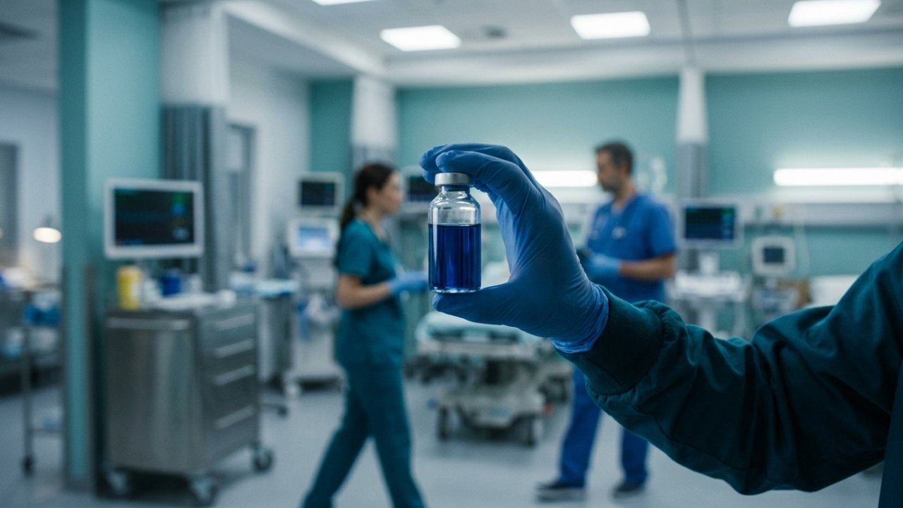 Fiole médicale bleue moderne symbolisant un antidote hospitalier