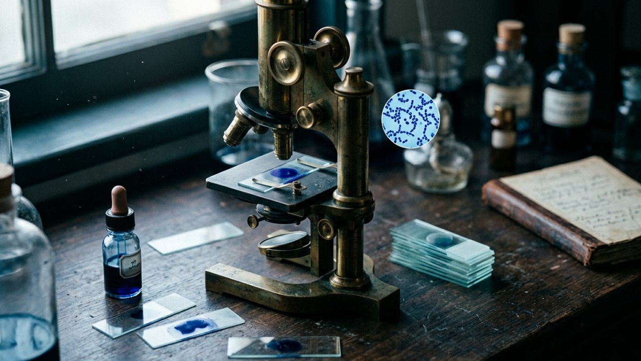 Microscope ancien et lames colorées en bleu