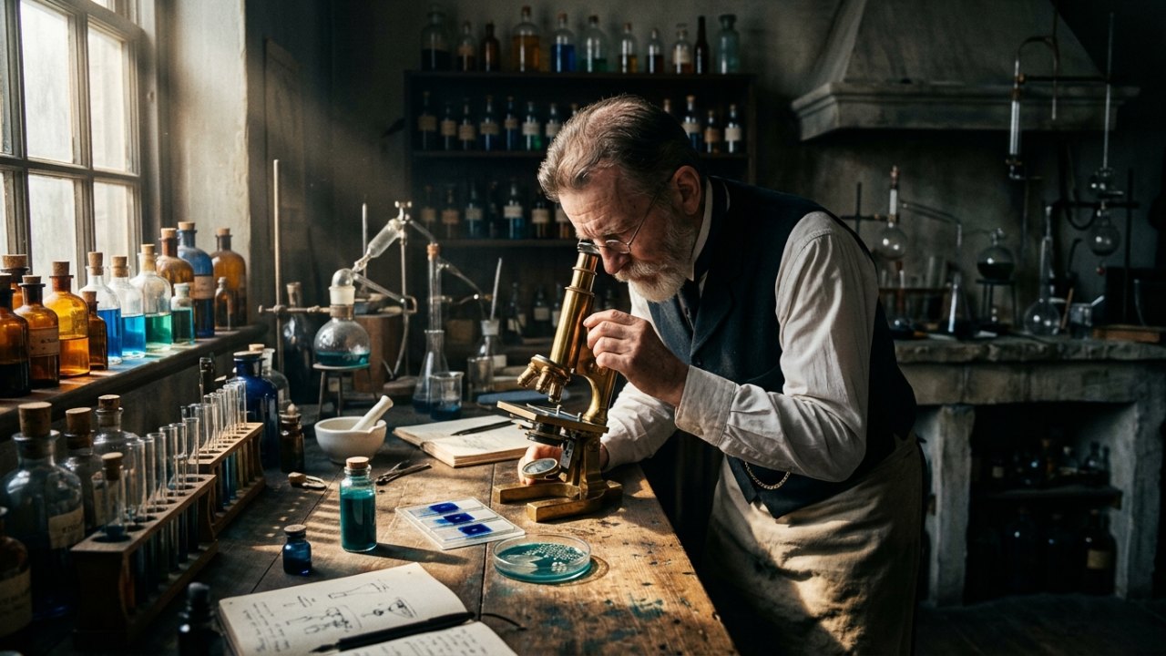 Scène historique de laboratoire médical du XIXe siècle, fiole bleue