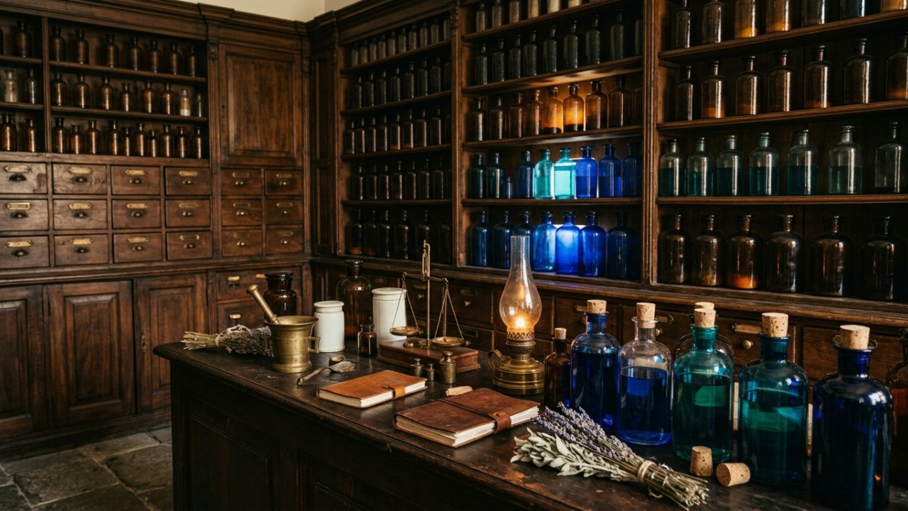 Ancienne pharmacie avec flacons et préparations