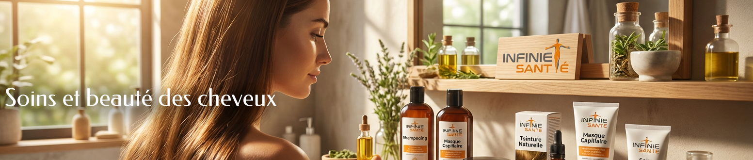 Gamme de produits capillaires naturels : flacons de shampoing bio, masques et soins colorants