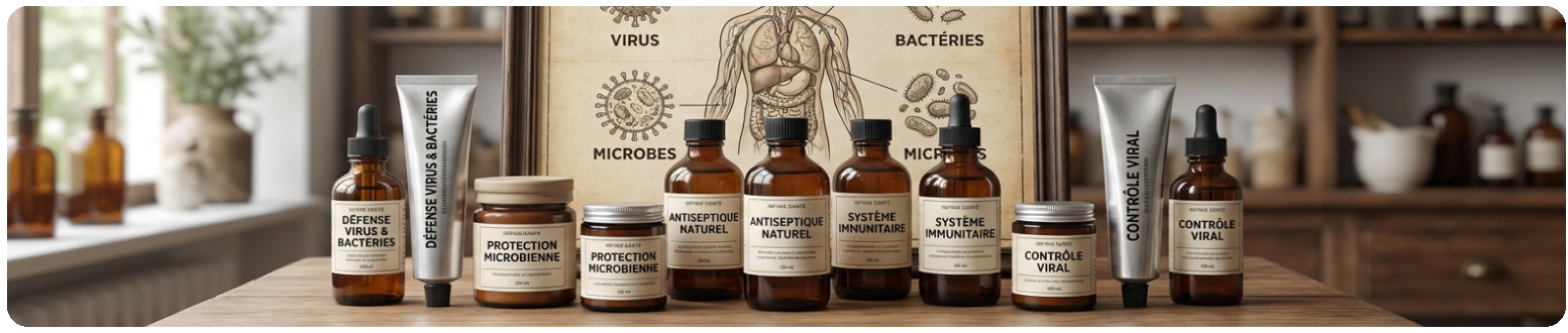 Solutions naturelles contre les virus et bactéries, flacons d'argent colloïdal, propolis et huiles essentielles antiseptiques