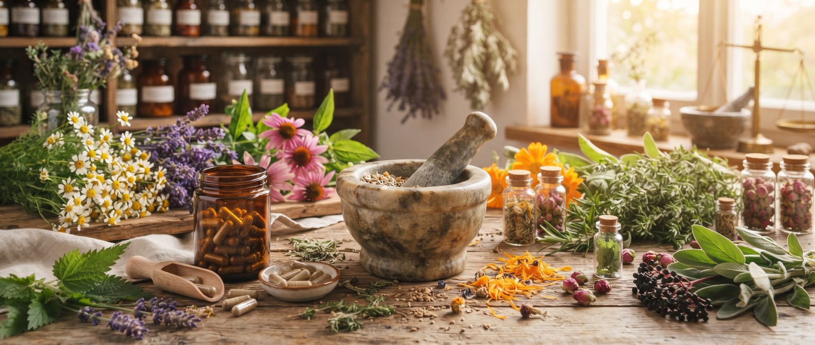 Ingrédients naturels de compléments alimentaires, plantes médicinales, vitamines et minéraux, lumière chaude dorée, esthétique botanique scientifique