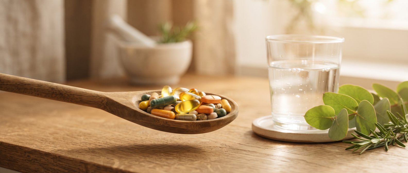 Choisir un complément alimentaire, comparaison de flacons sur une table lumineuse, lumière chaude dorée, esthétique éditoriale informative
