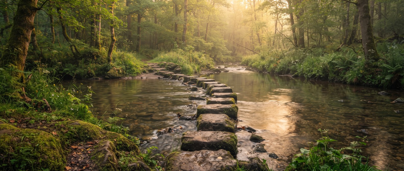Parcours santé, chemin serein traversant un paysage naturel au lever du soleil, lumière chaude dorée, esthétique inspirante et apaisante