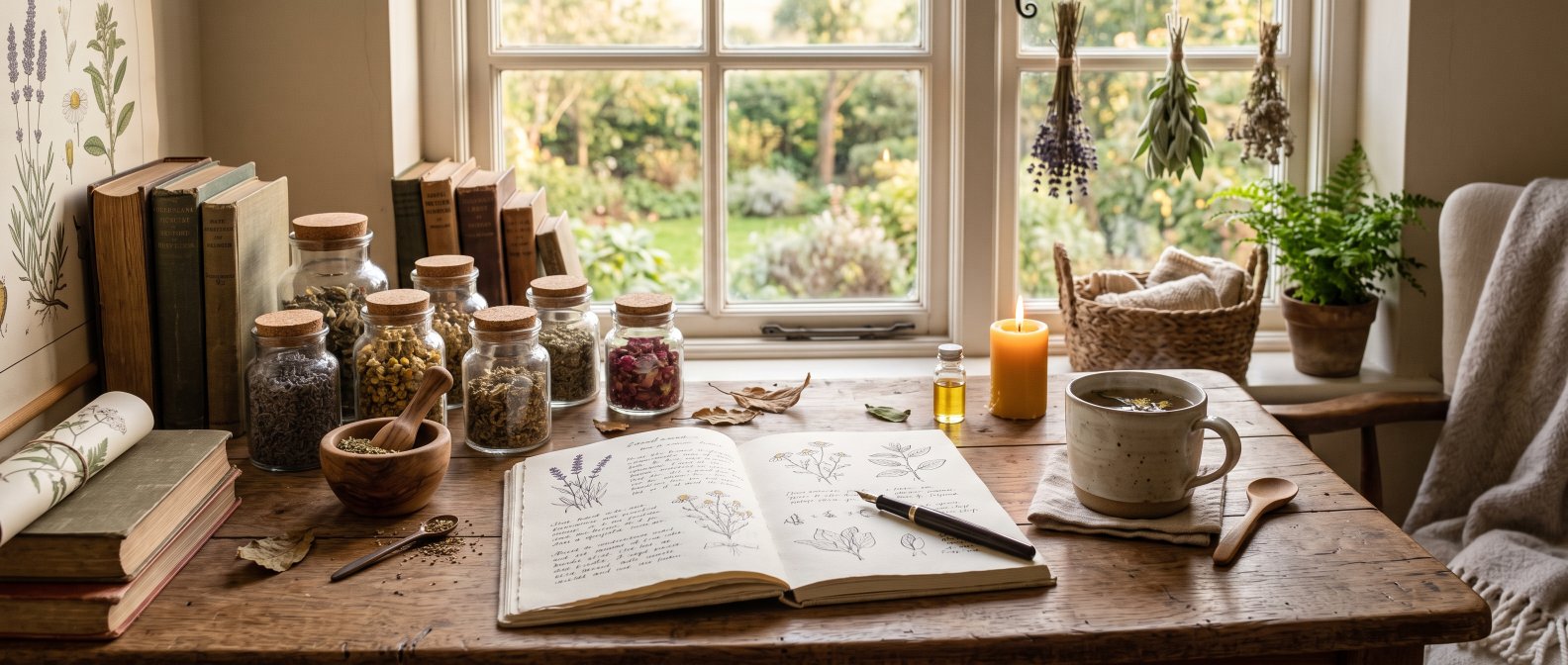 Académie Infinie Santé, livre ouvert entouré de plantes médicinales et de rayons de lumière douce, tons chauds dorés, esthétique pédagogique inspirante
